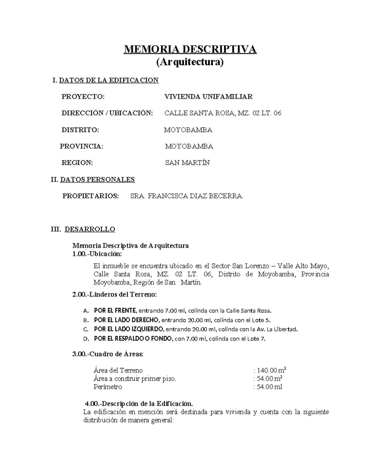 Memoria Descriptiva - Proyecto de Vivienda Unifamiliar - Arquitectura ...