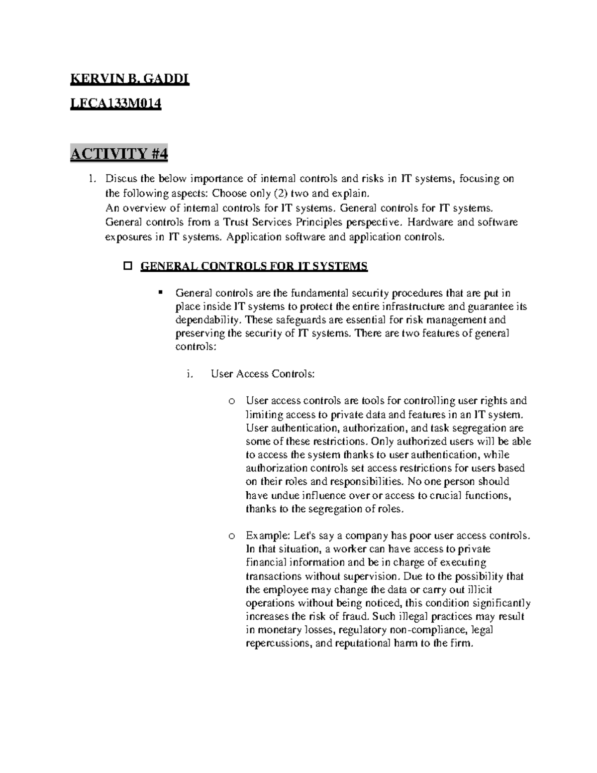 LFCA133M Activity 4: Internal Controls & Risks in IT Systems - Studocu