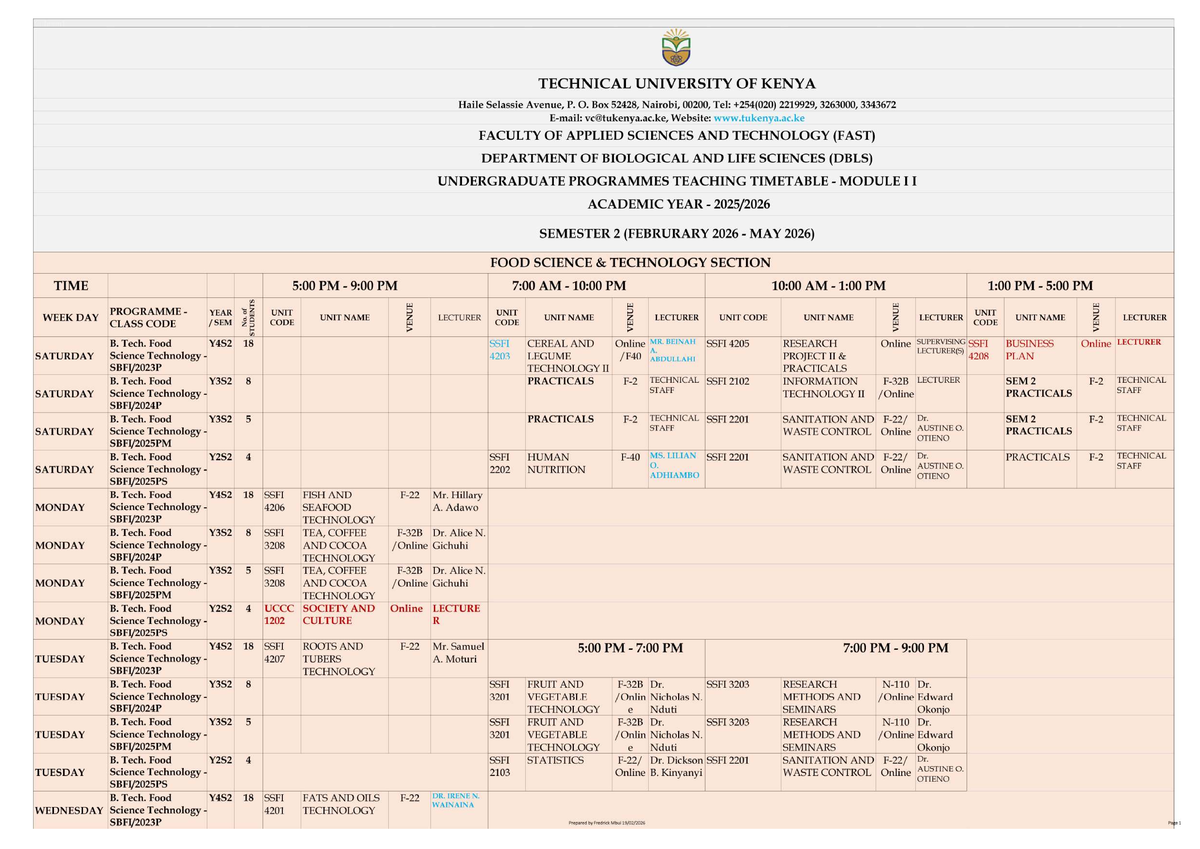 B. Tech Food Science Technology Teaching Timetable AY 2026 S2 - Studocu