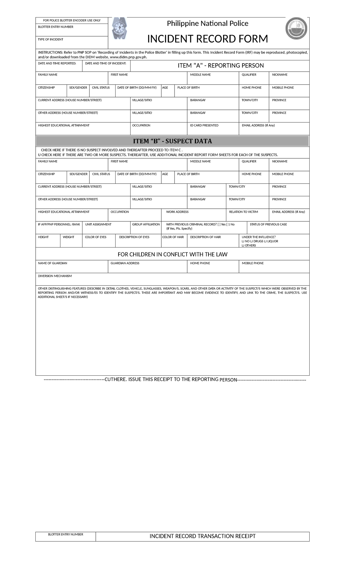 CILO 2.2 Incident Record Form for Police Blotter Documentation Studocu