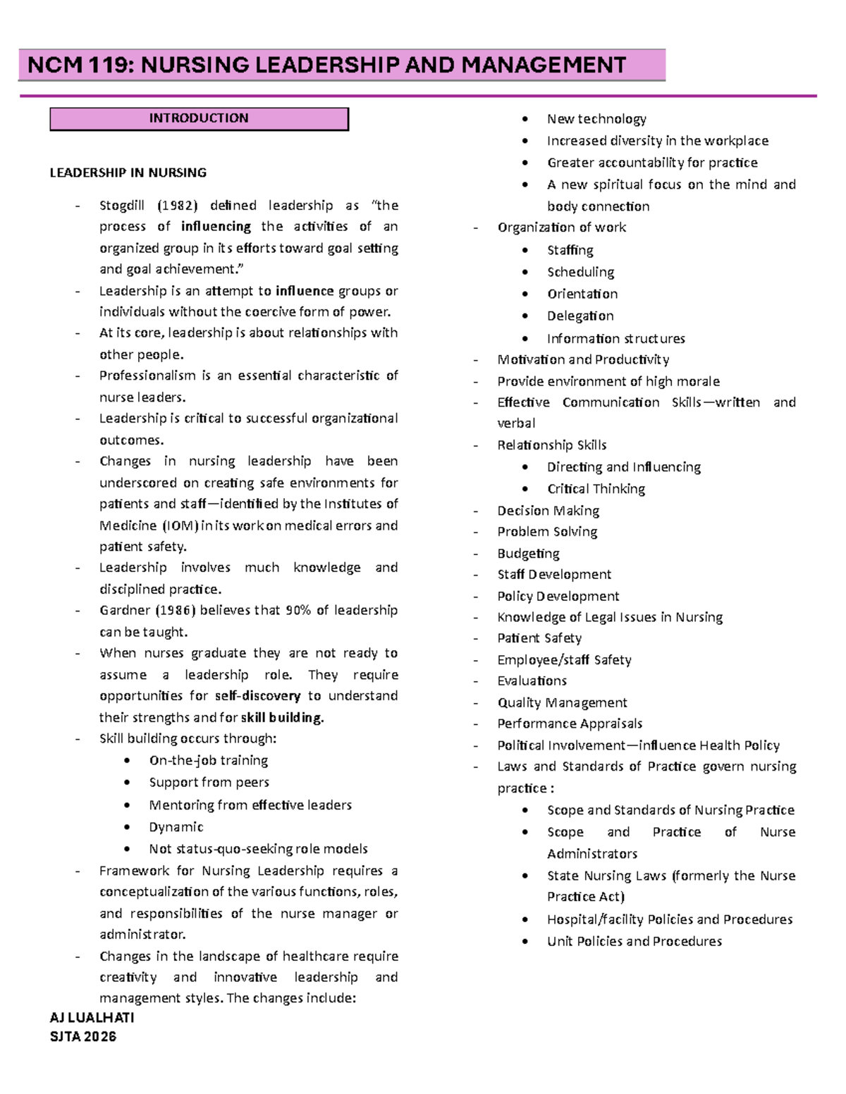 NCM 119: Transformational Leadership and Management in Nursing - Studocu
