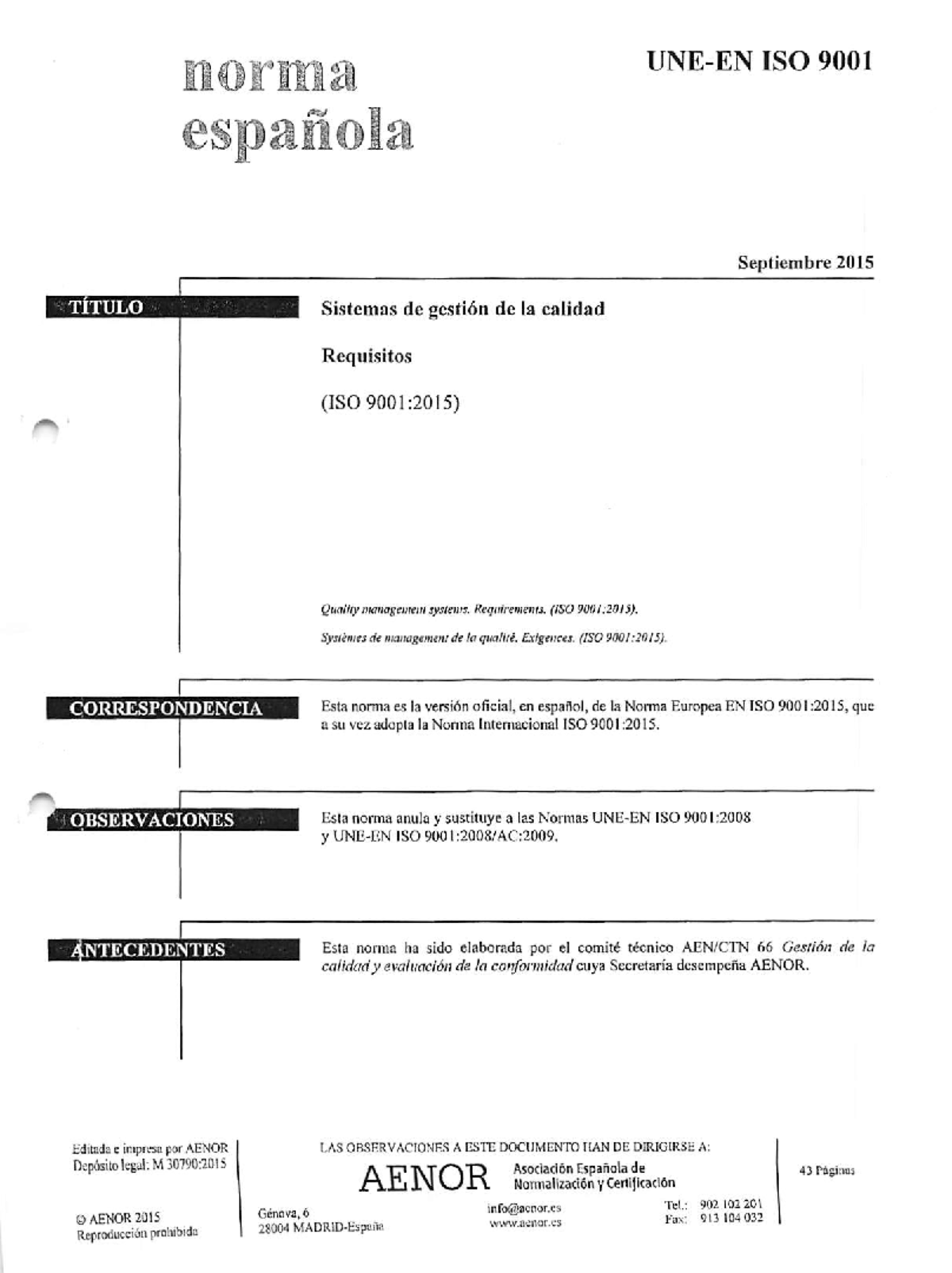 Norma ISO 9001:2015 - Sistemas de Gestión de la Calidad en Español ...