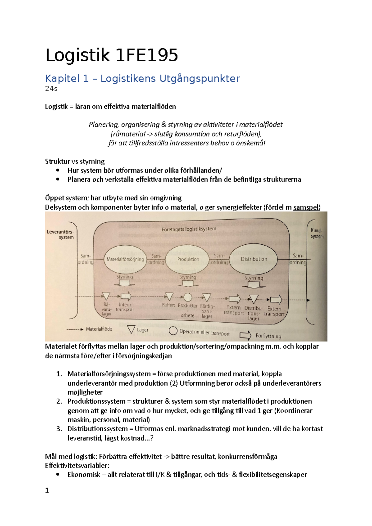 Logistik notes 1FE195 - Kap 1-3 sammanfattning - Logistik 1FE Kapitel 1 ...