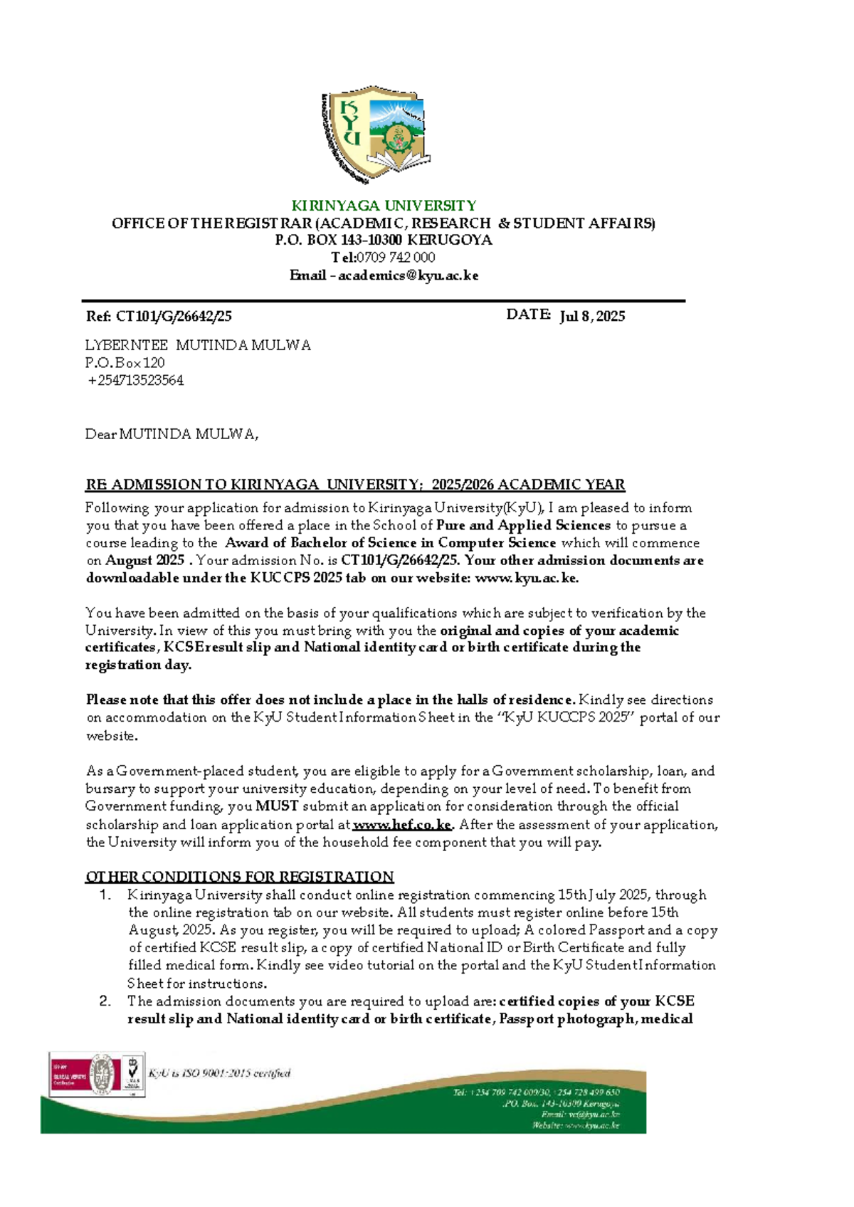 Admission Letter for BSc in Computer Science - KyU 2025 - Studocu