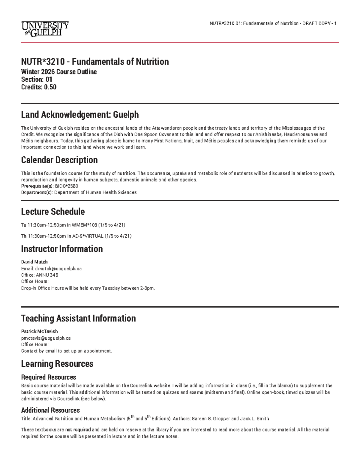 NUTR 3210: Fundamentals of Nutrition Course Outline - Winter 2026 - Studocu