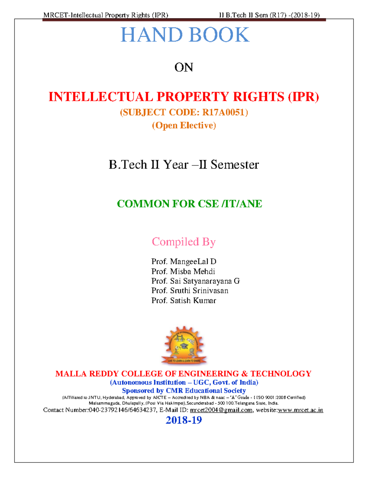 IPR Study Notes for B.Tech II Year II Sem (Subject Code: R17A0051 ...