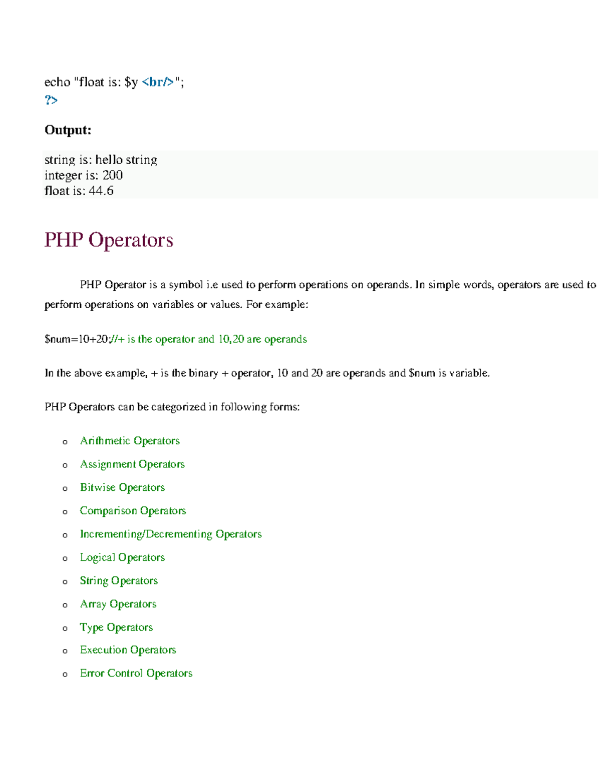 Unit II - PHP Operators and Data Types Notes - Studocu