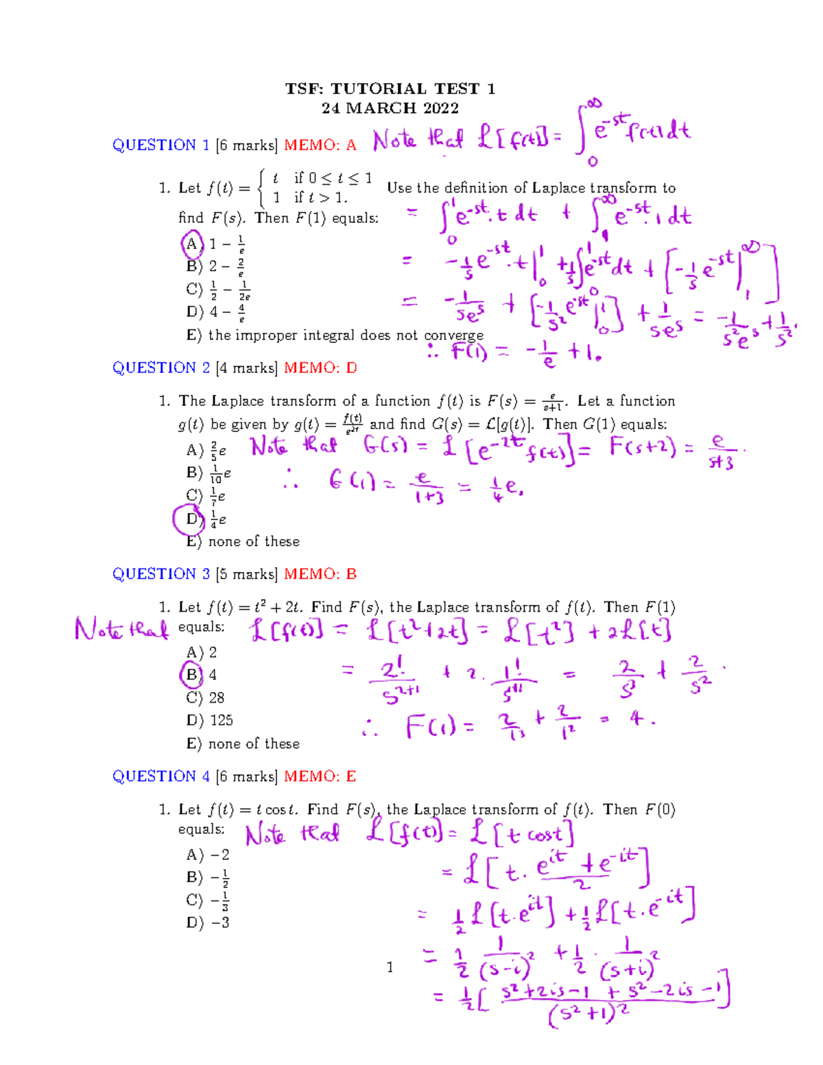 TSF Tutorial Test 1 Solutions - March 2022 Analysis - Studocu