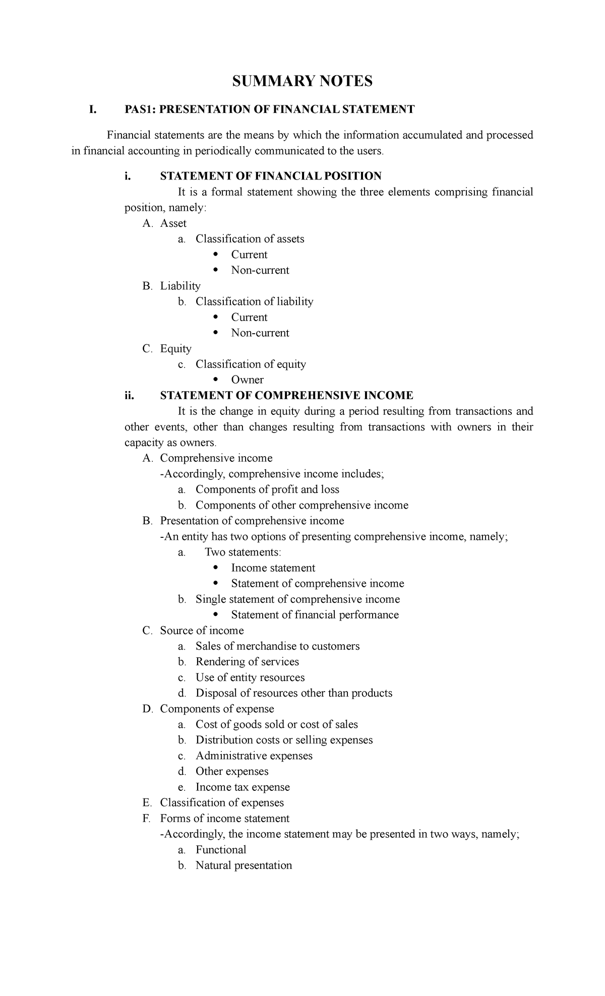 CFAS PAS 1: Summary Notes on Presentation of Financial Statements - Studocu