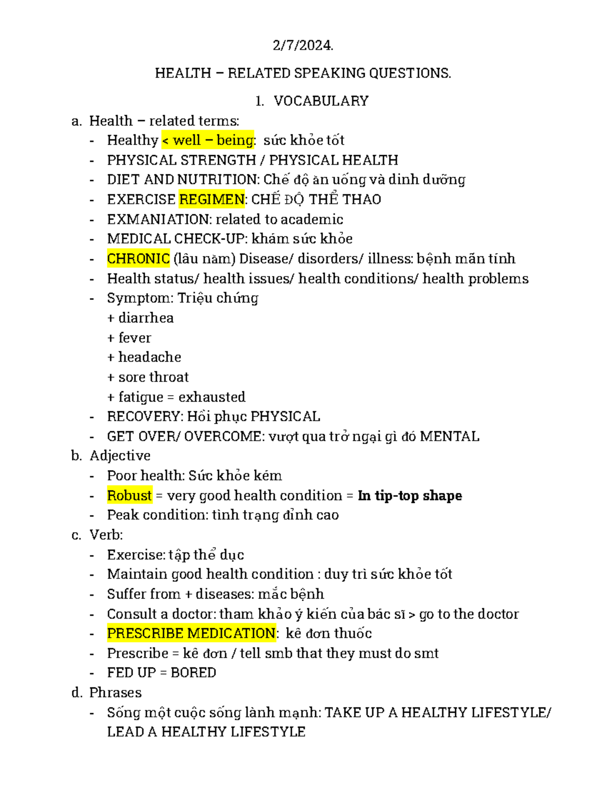 Health - spk - 2/7/2024. HEALTH – RELATED SPEAKING QUESTIONS ...