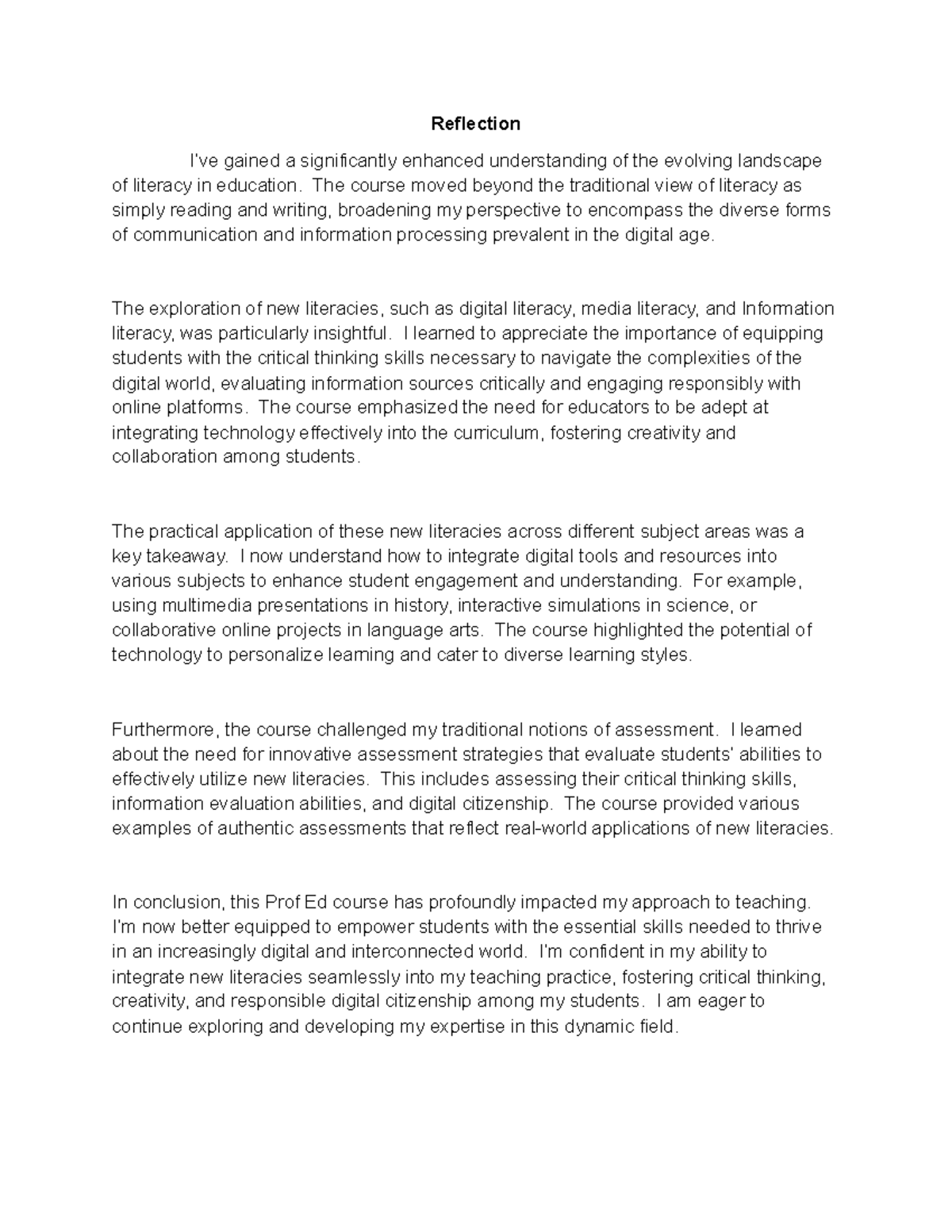 Prof Ed BEC - Reflection on New Literacies in Education - Studocu