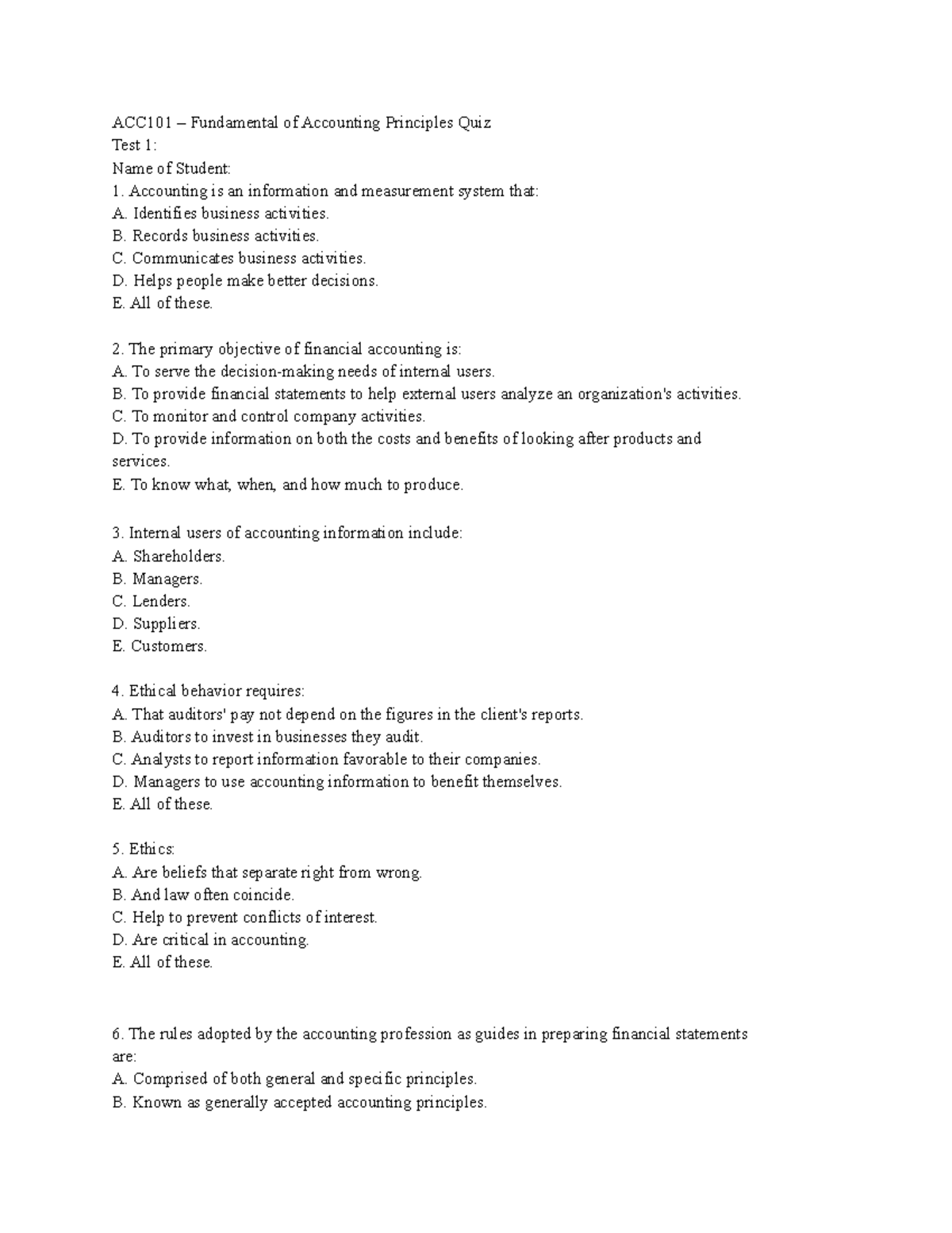 ACC101 Fundamentals of Accounting Principles Quiz 1 - Studocu
