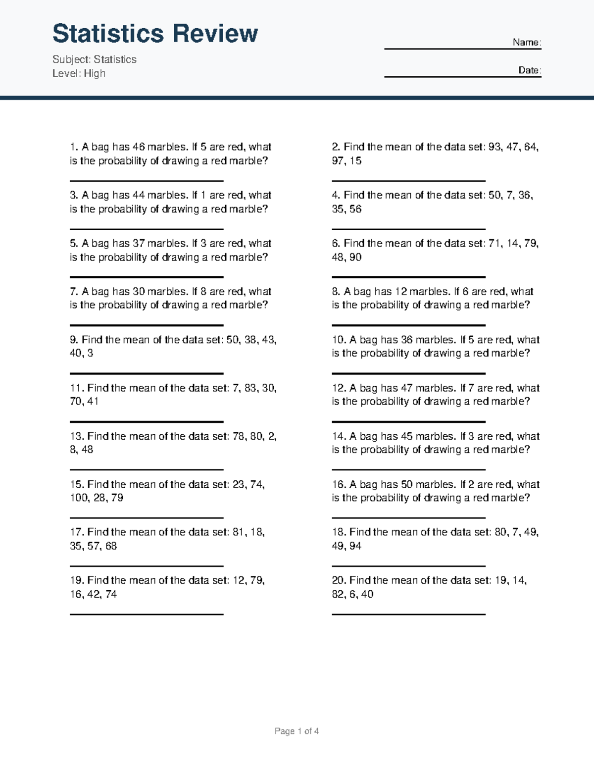 Statistics Review 10: Probability & Mean Calculations - Studocu