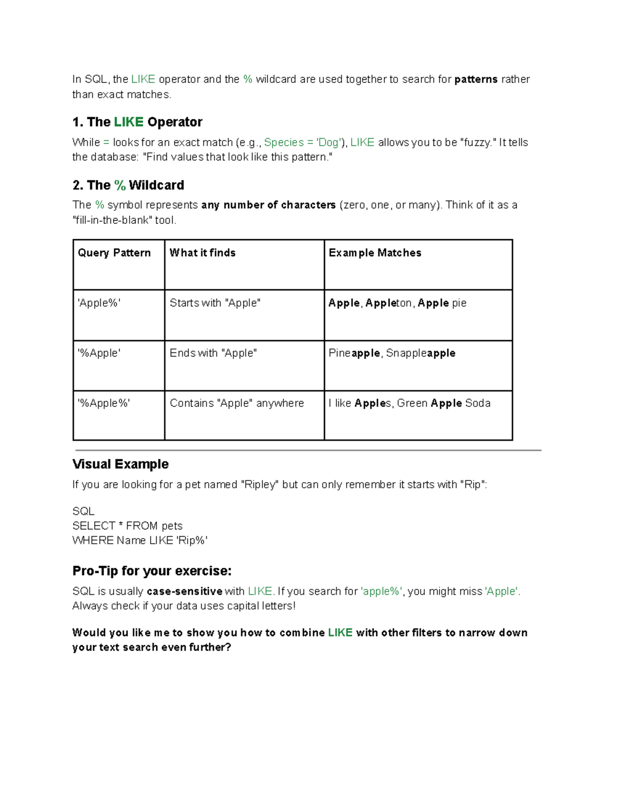 SQL Notes: Using the LIKE Operator and Wildcards for Pattern Matching ...