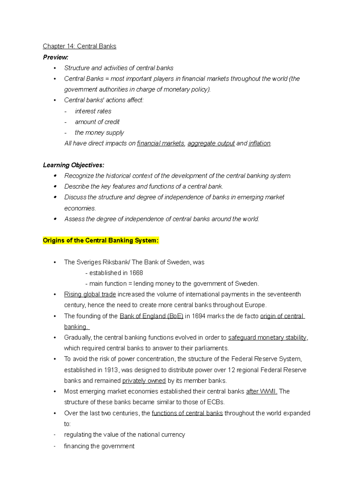 Chapter 14: Central Banks Overview and Functions in Economics - Studocu