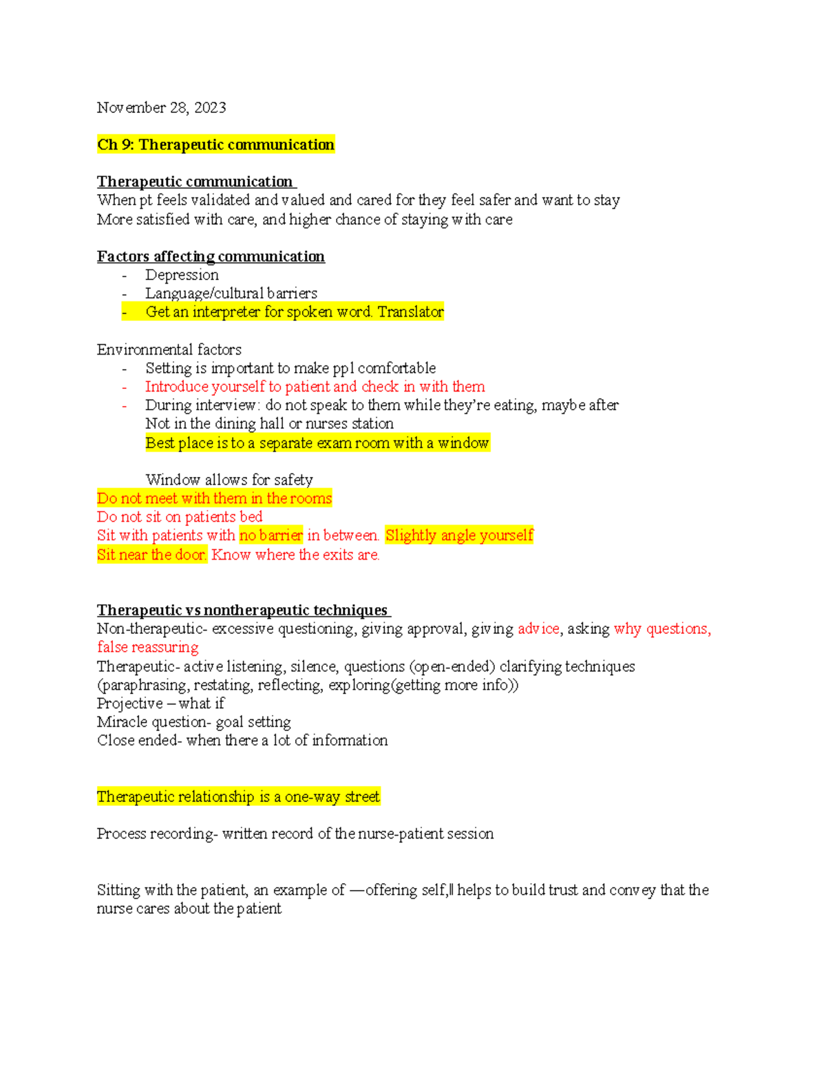 Psych 101: Final Exam Study Notes on Therapeutic Communication ...