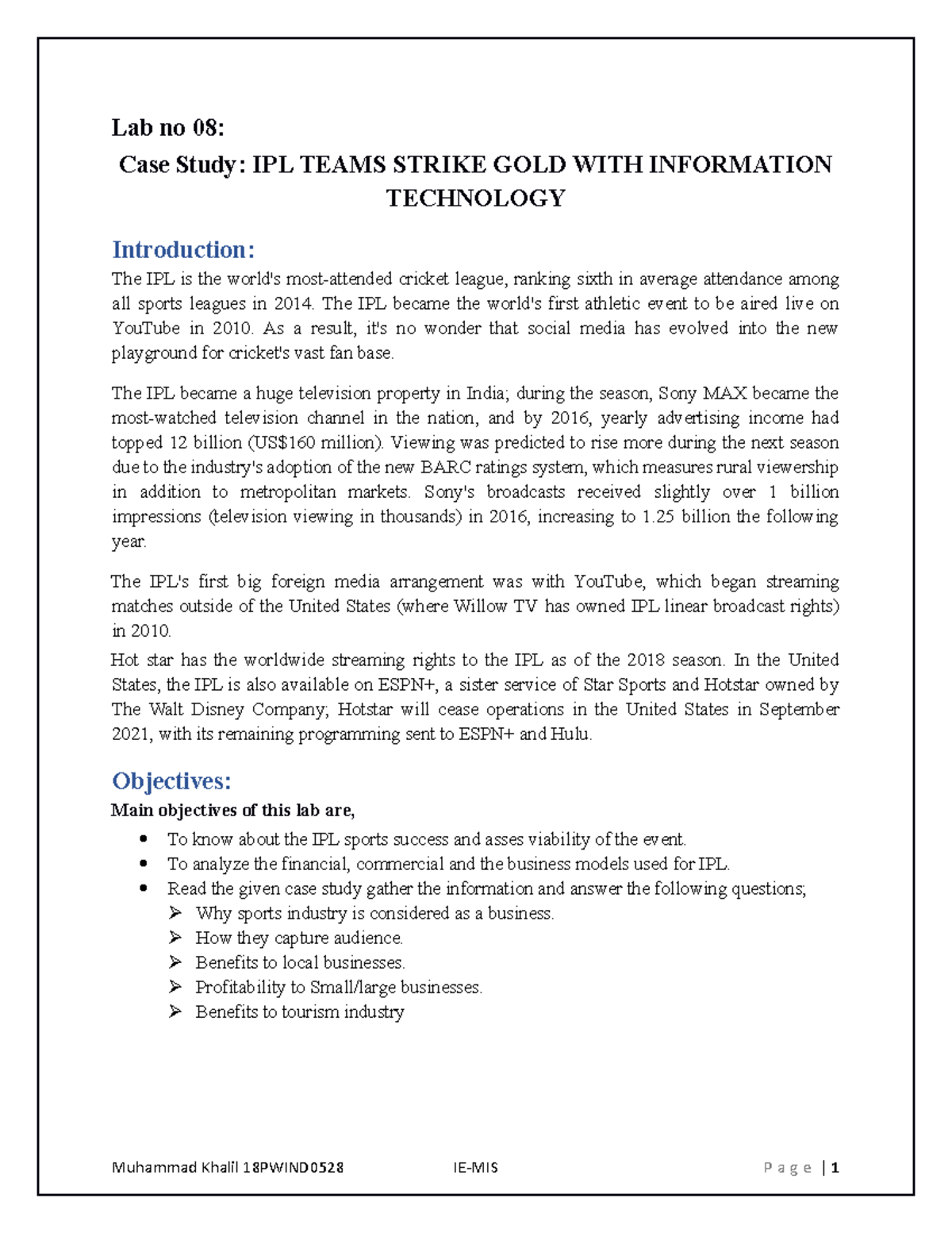 MIS Lab 08 - Case Study on IPL's Business Success & Impact - Studocu