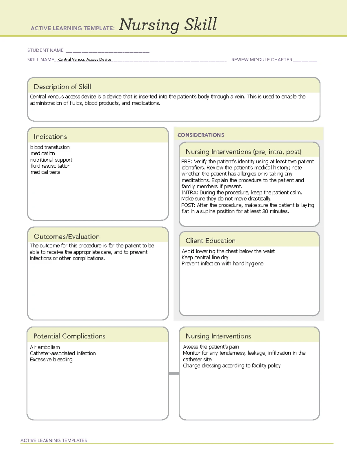 CVAD Checkoff list - Summary Nursing Skills II - Verify order Gather ...