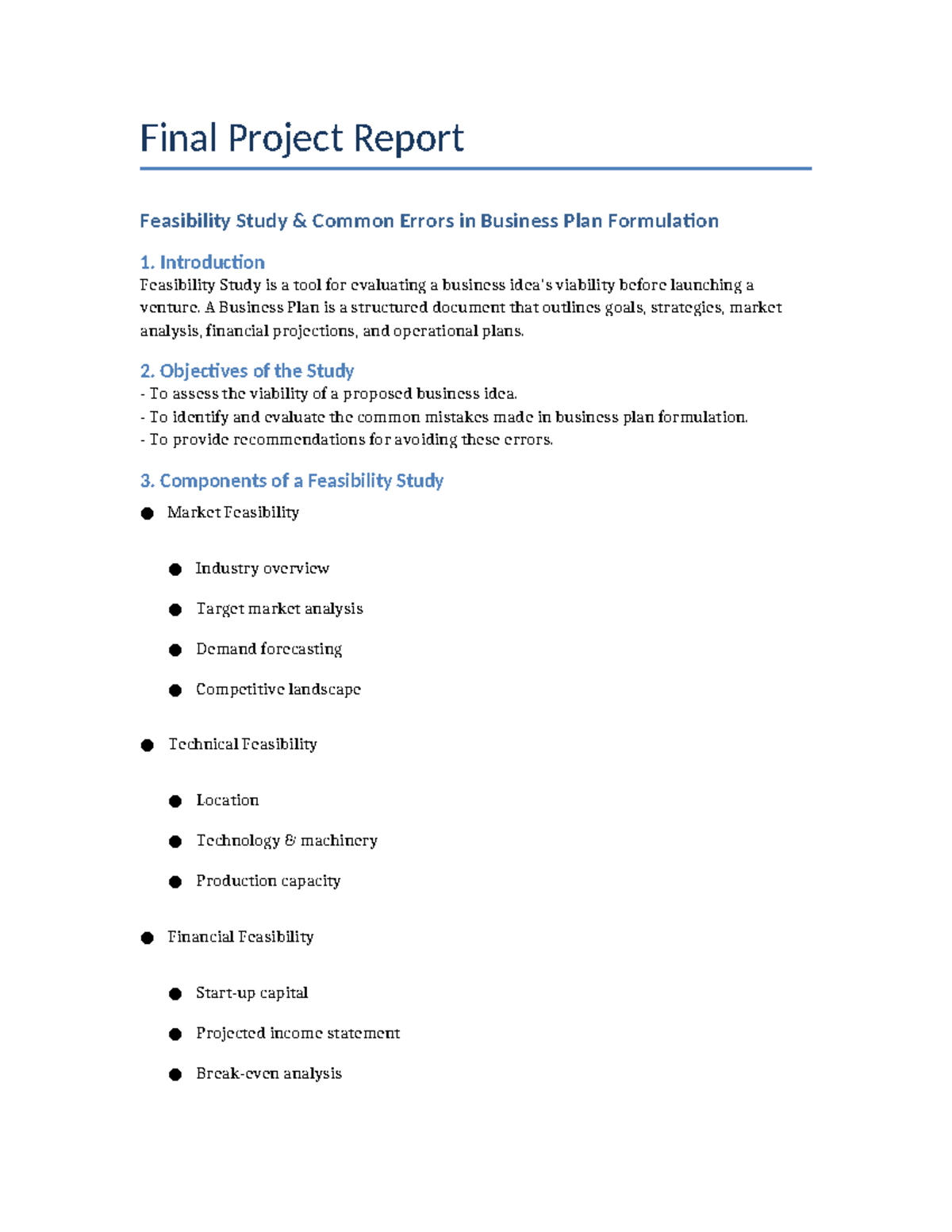 Final Project Report: Feasibility Study on Business Plan Errors - Studocu
