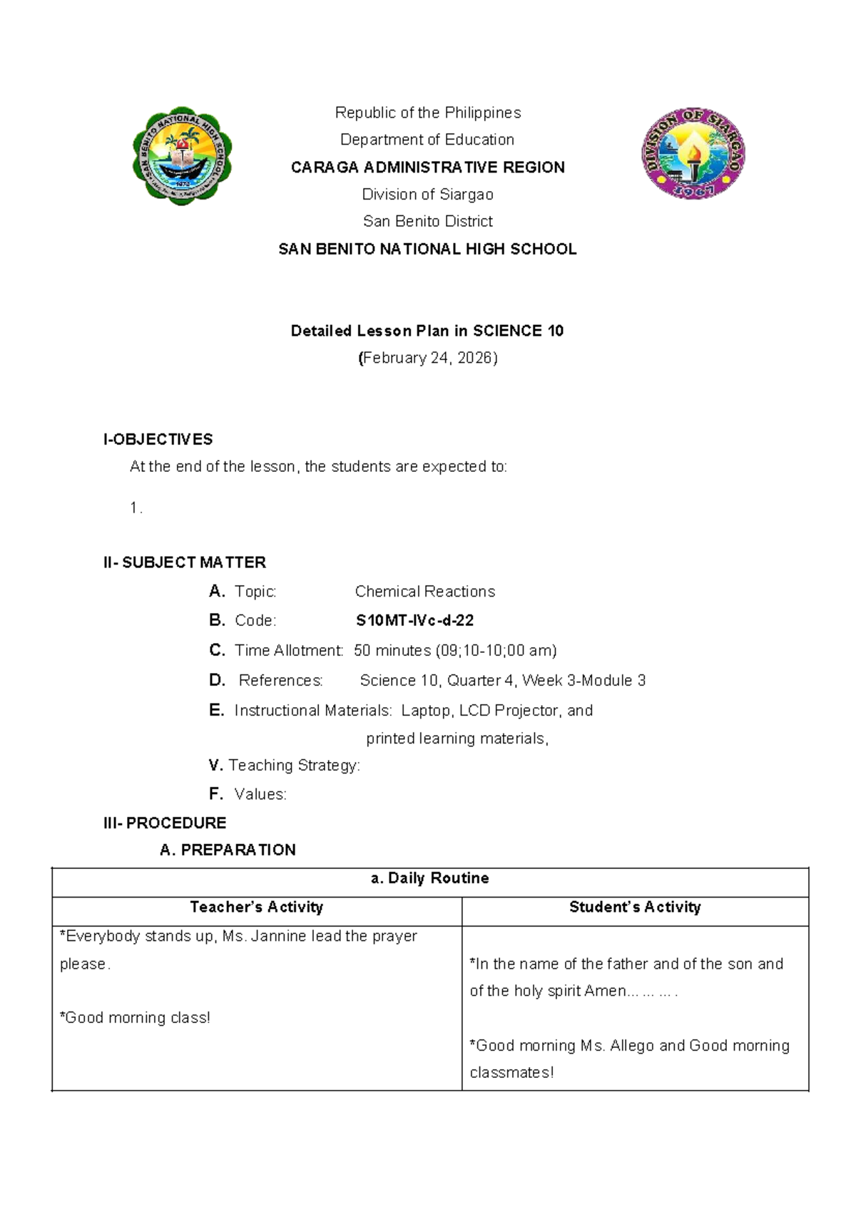 Detailed Lesson Plan: Chemical Reactions in SCIENCE 10 (Feb 24, 2026 ...
