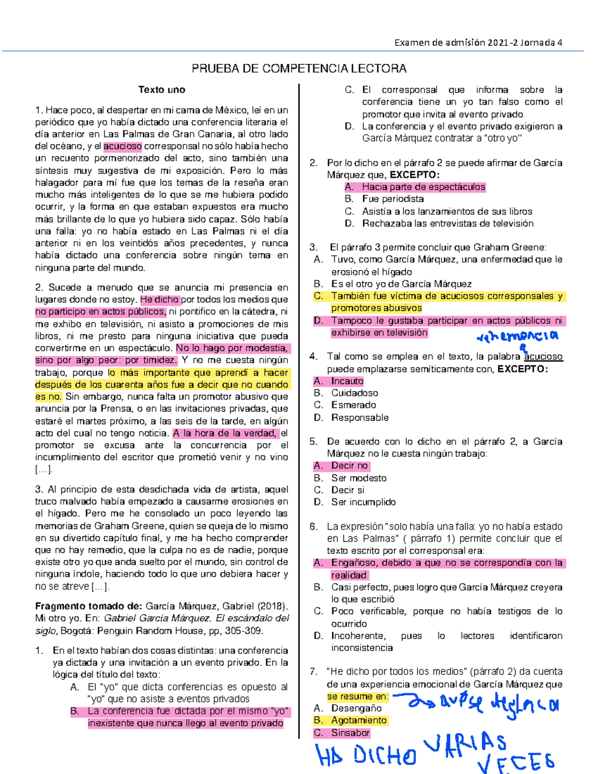 Examen de admisión UdeA 2021-2 Jornada 4: Prueba de Competencia Lectora ...