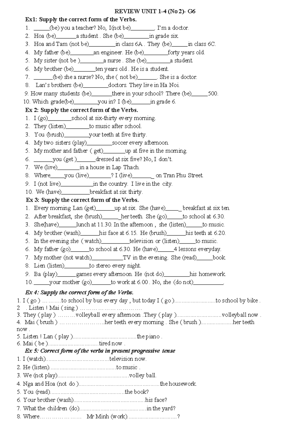 Review UNIT 1-4 No 2 G6 - grammar&vocab - REVIEW UNIT 1-4 (No 2)- G Ex1 ...