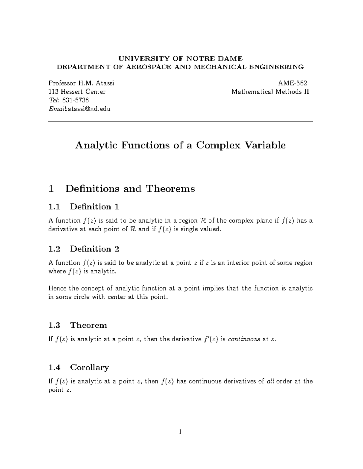 Analytic Functions - Concepts and Theorems for AME-113 - Studocu