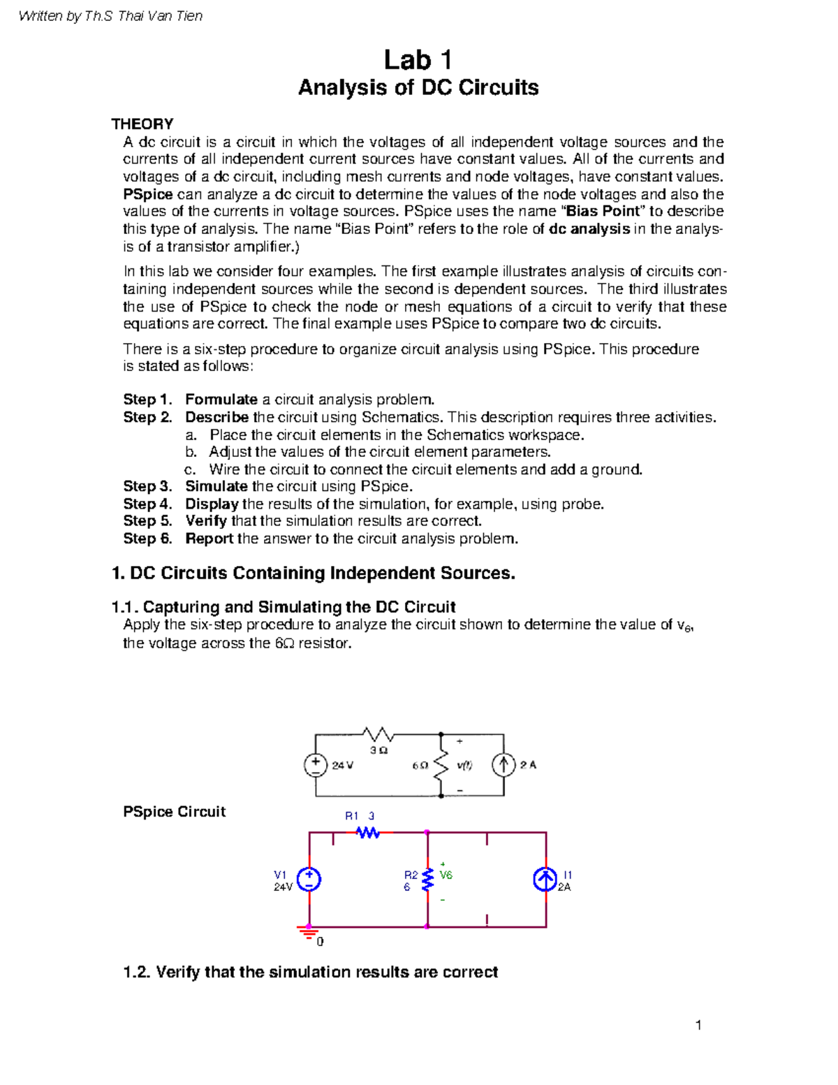 Lab 1 - Analysis of DC Circuits - 1 0 20 I 2A R 6 0V V 24V V - + R1 3 ...