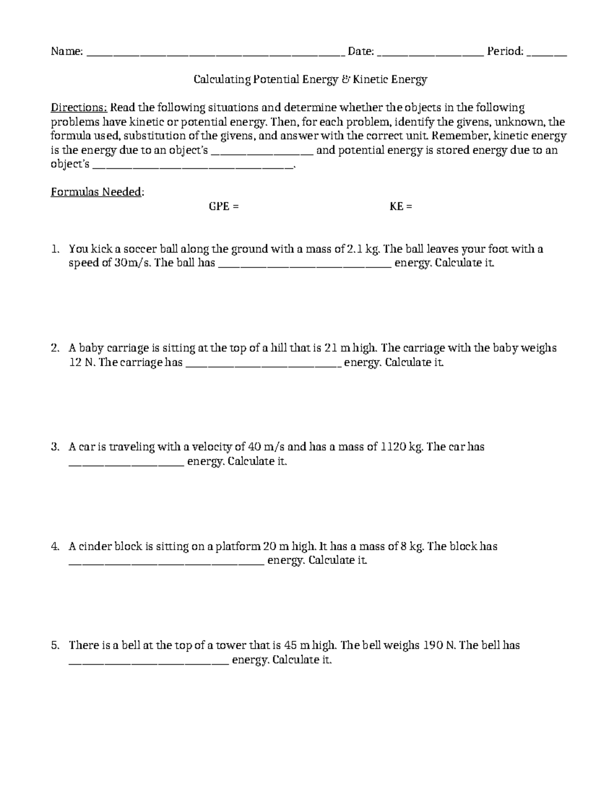 Calculating GPE & KE - Practice Questions for Physics 101 - Studocu