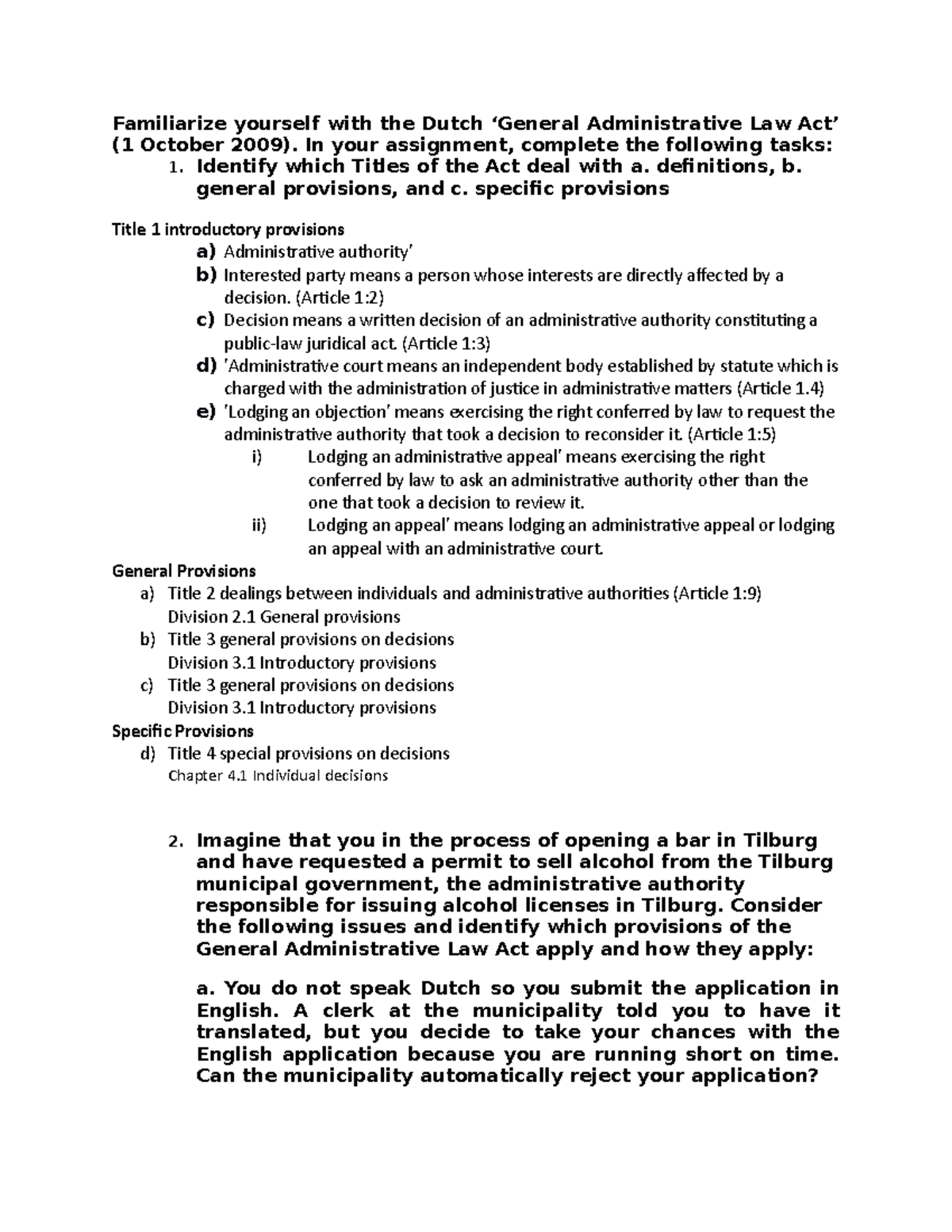 Exercises on Dutch General Administrative Law Act - Admin Law - Studeersnel