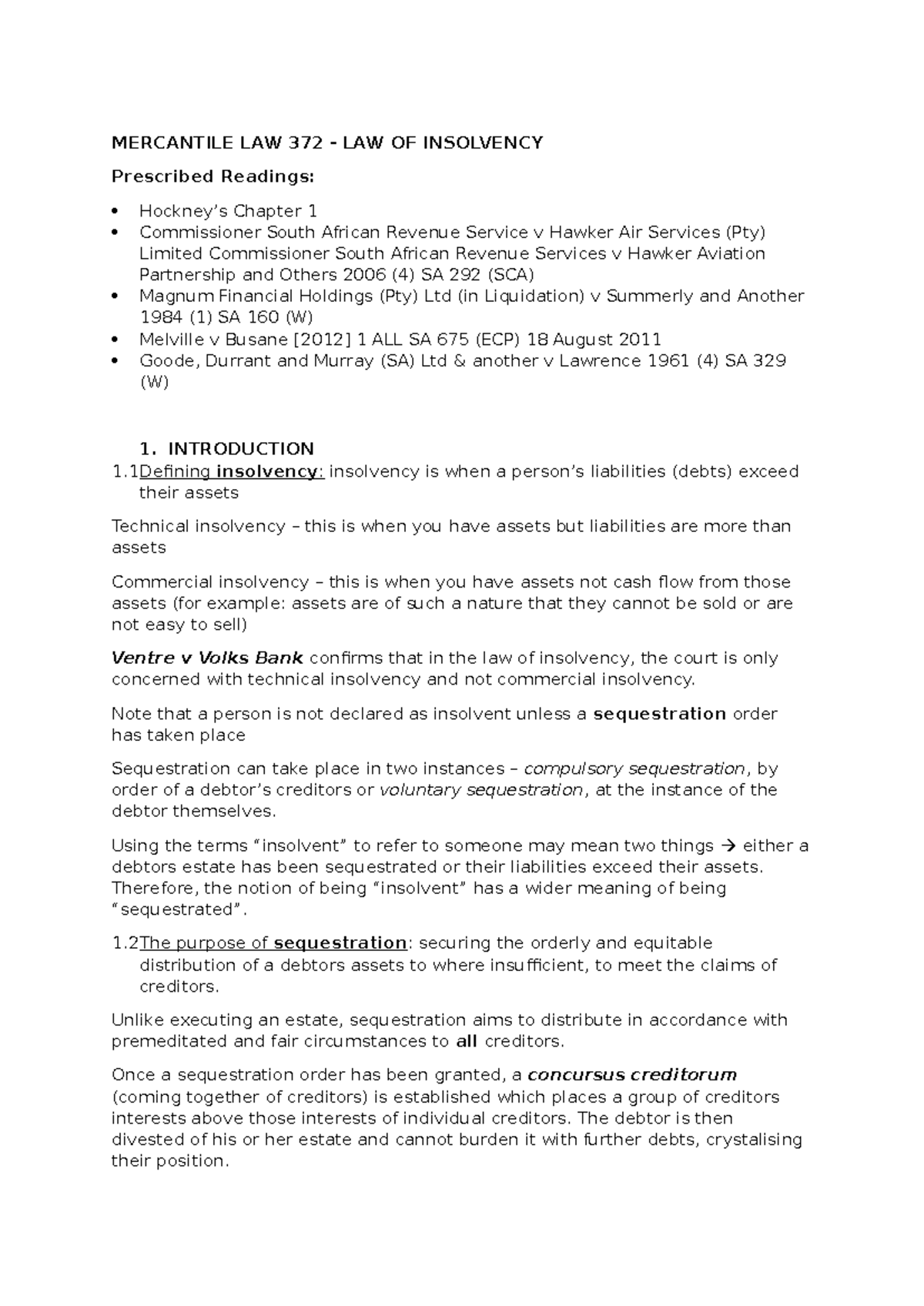 MERCANTILE LAW 372 - Insolvency Study Notes on Key Concepts - Studocu