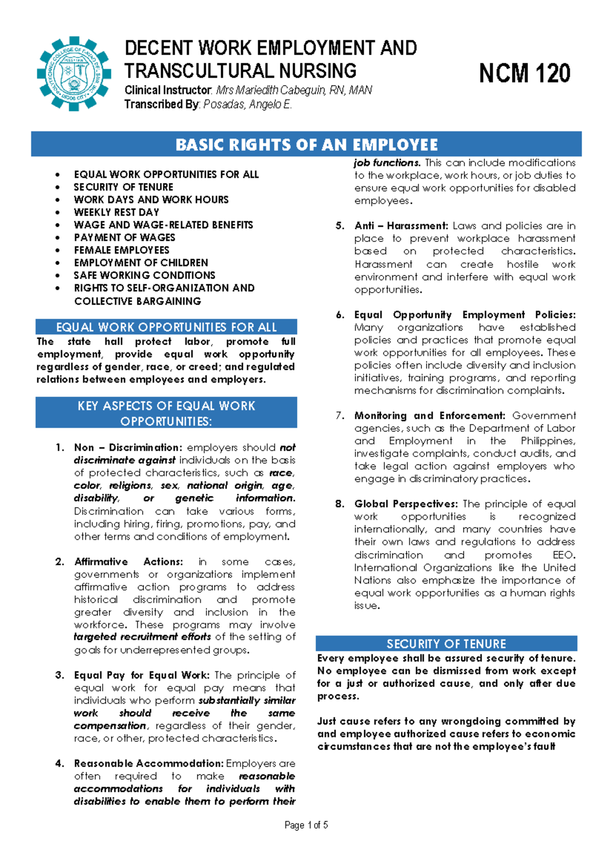 **NCM 120: Basic Employee Rights and Labor Code Overview** - Studocu