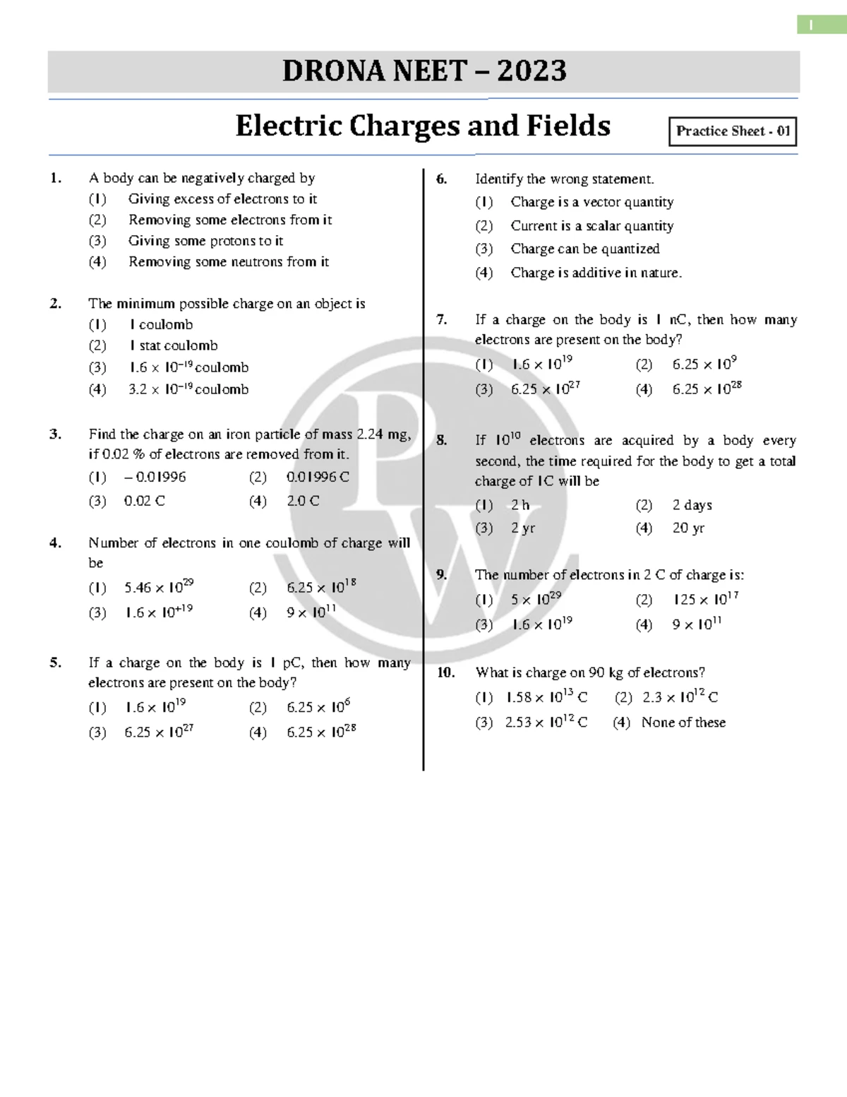 Electric Charges and Fields Practice Sheet (Course Code: PHY101) - Studocu