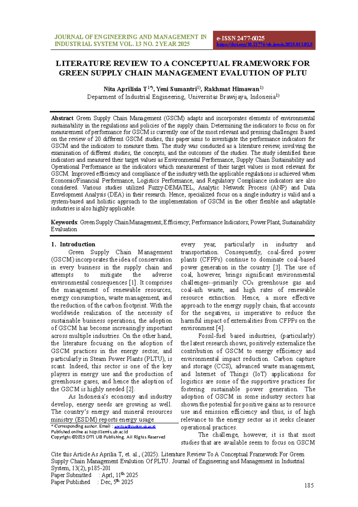 JOURNAL OF ENGINEERING AND MANAGEMENT IN INDUSTRIAL SYSTEM VOL. 13 NO ...
