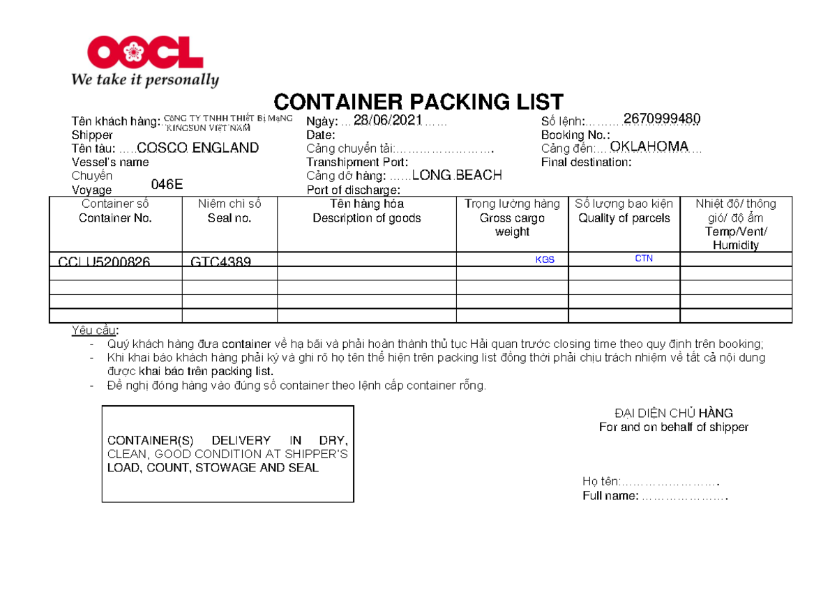 Packing List for Container CCLU5200826 - KINGSUN VIỆT NAM - Studocu