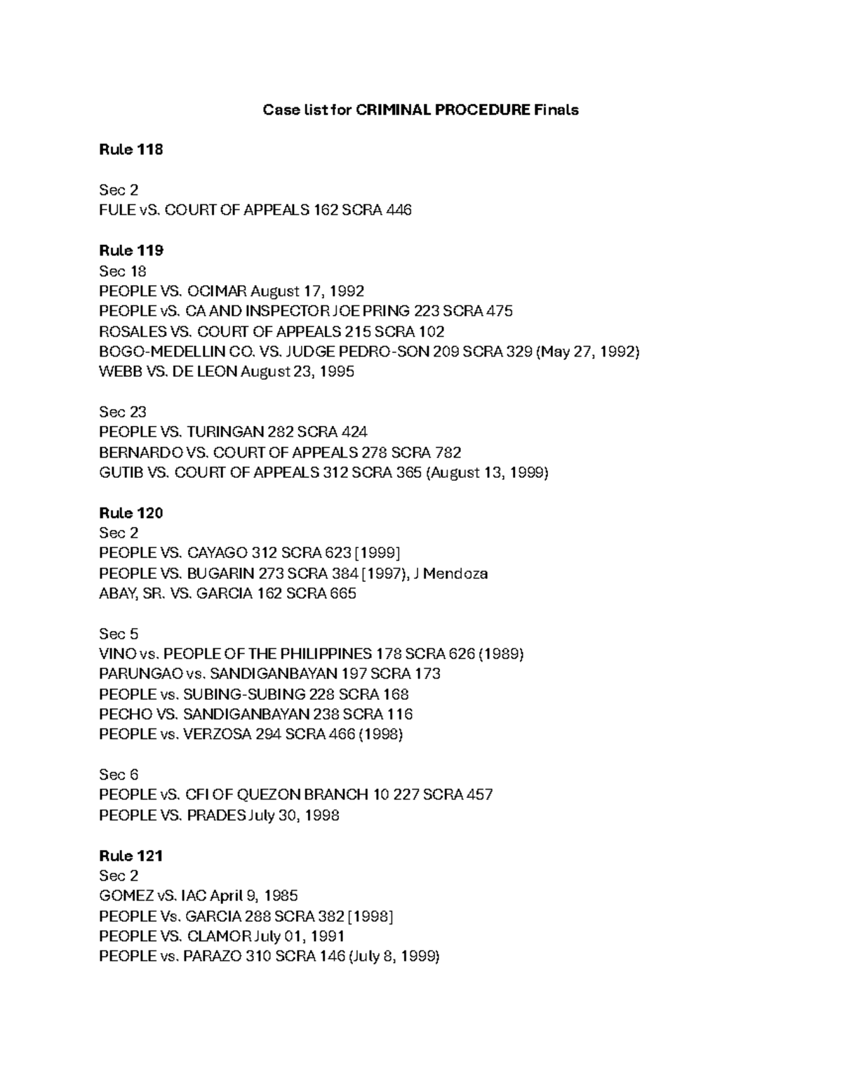 CRIMINAL PROCEDURE Finals - Case List and Legal References - Studocu