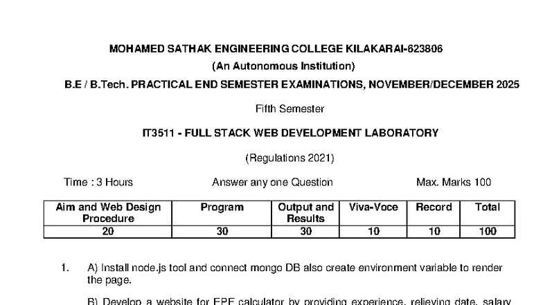 IT3511 Full Stack Web Development Lab Practical Exam 2025 - Studocu
