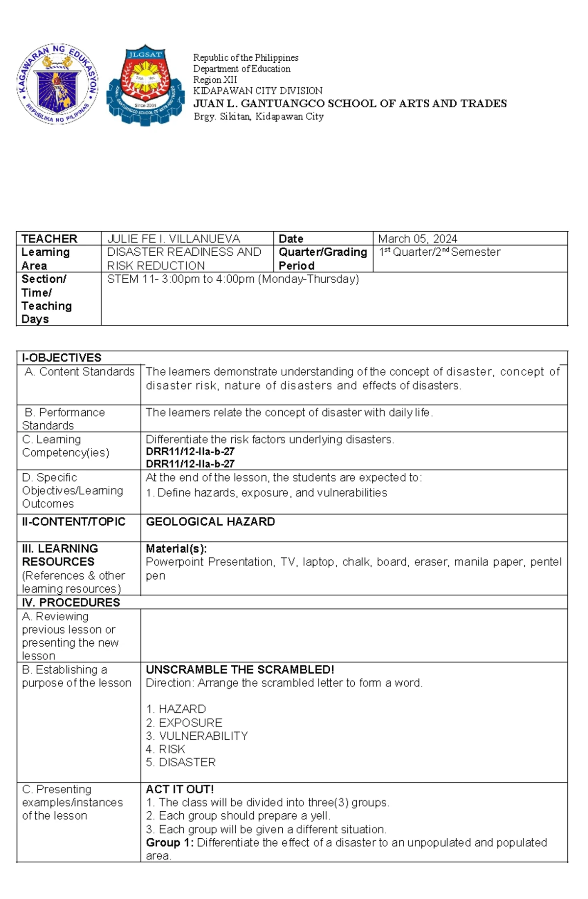 Different Perspectives on Disasters: A Lesson Plan for DRR11/12 - Studocu
