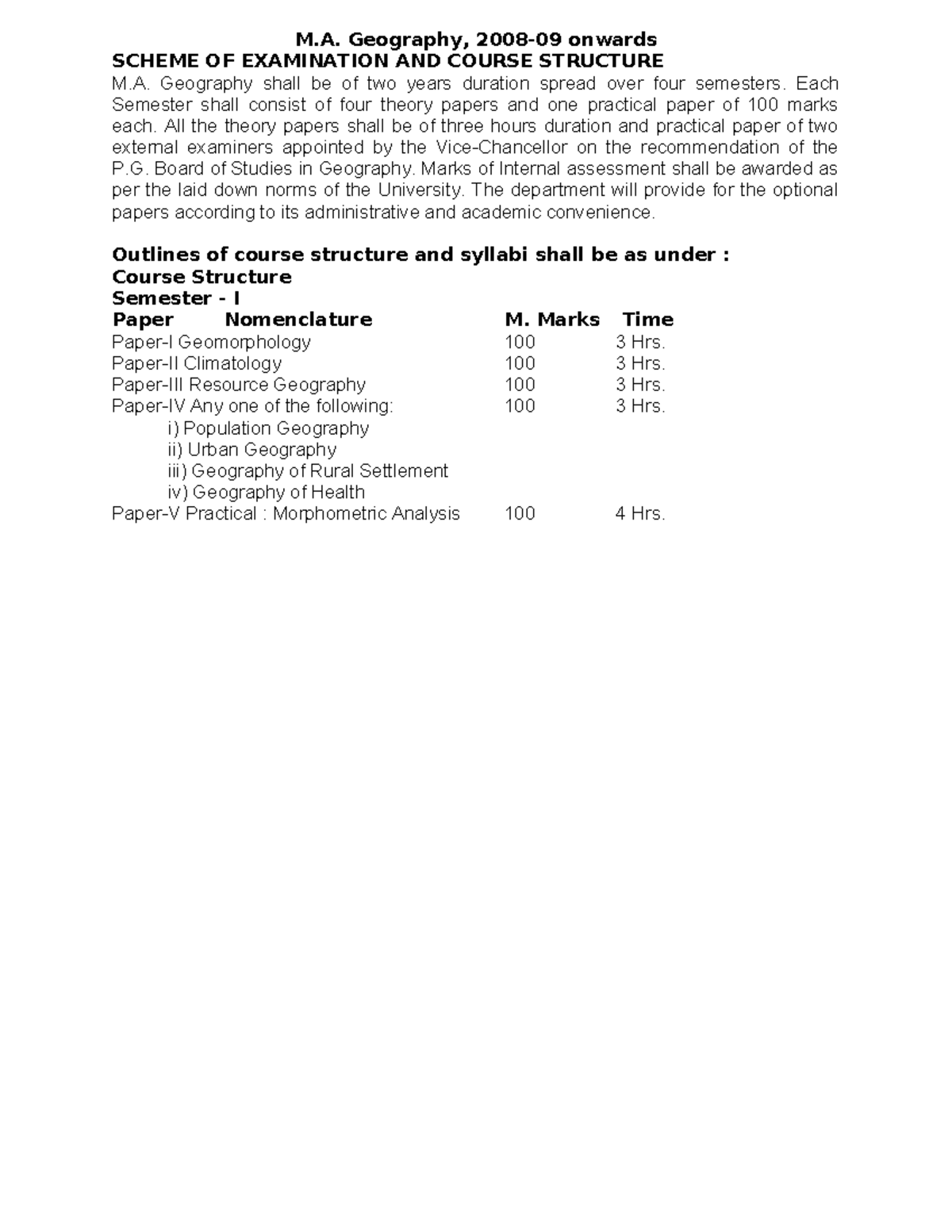 M.A. Geography: Scheme of Examination & Course Structure for Semesters ...