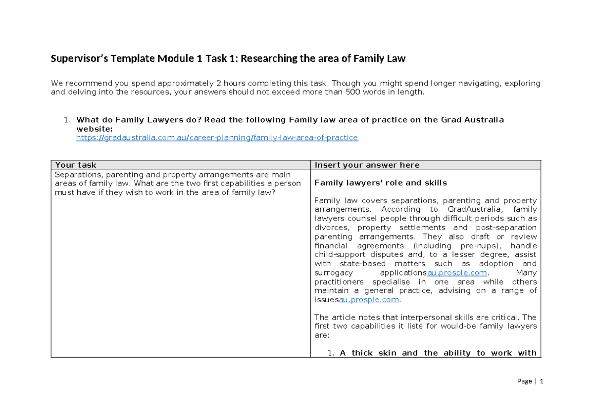Module 1 Task 1: Exploring Family Law Practices and Principles - Studocu