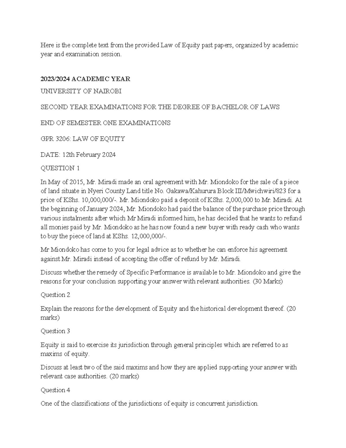 GPR 3206: Law of Equity Past Exam Papers Compilation - Studocu
