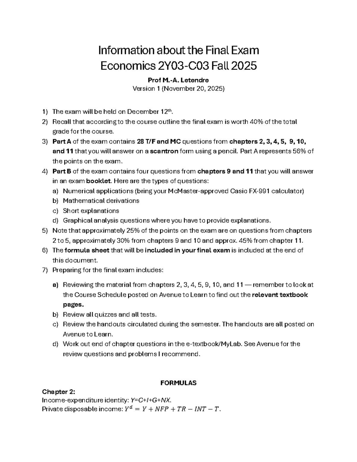 Final Exam Info for Economics 2Y03F25 - Prof Letendre - Studocu
