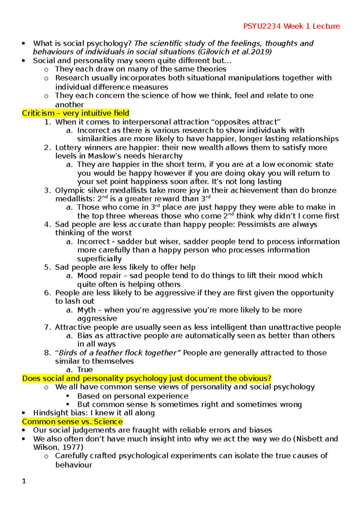 PSYU2234 Lecture Notes - PSYU2234 Week 1 Lecture What is social ...