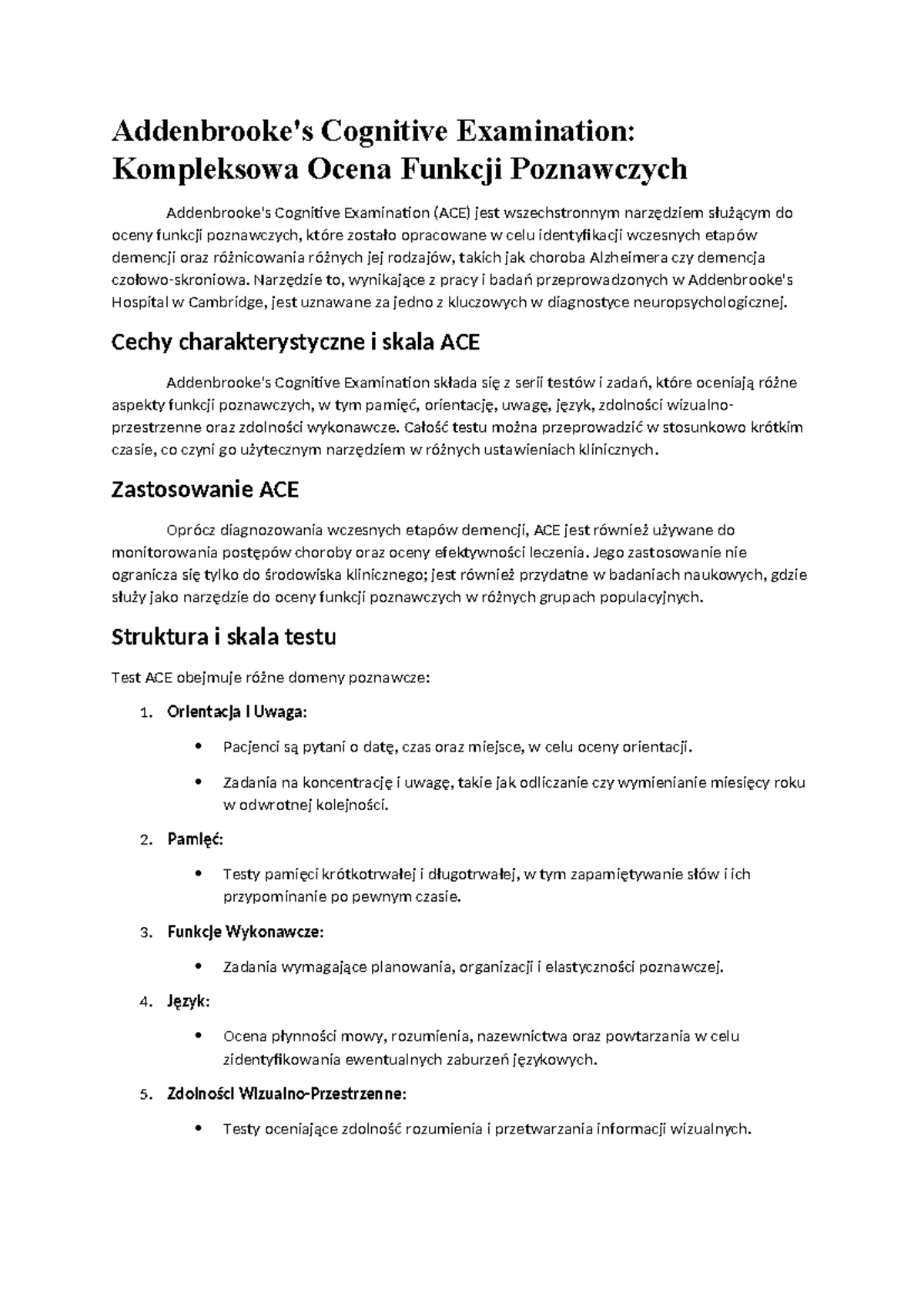 ACE - Addenbrooke's Cognitive Examination i Ocena Funkcji Poznawczych ...