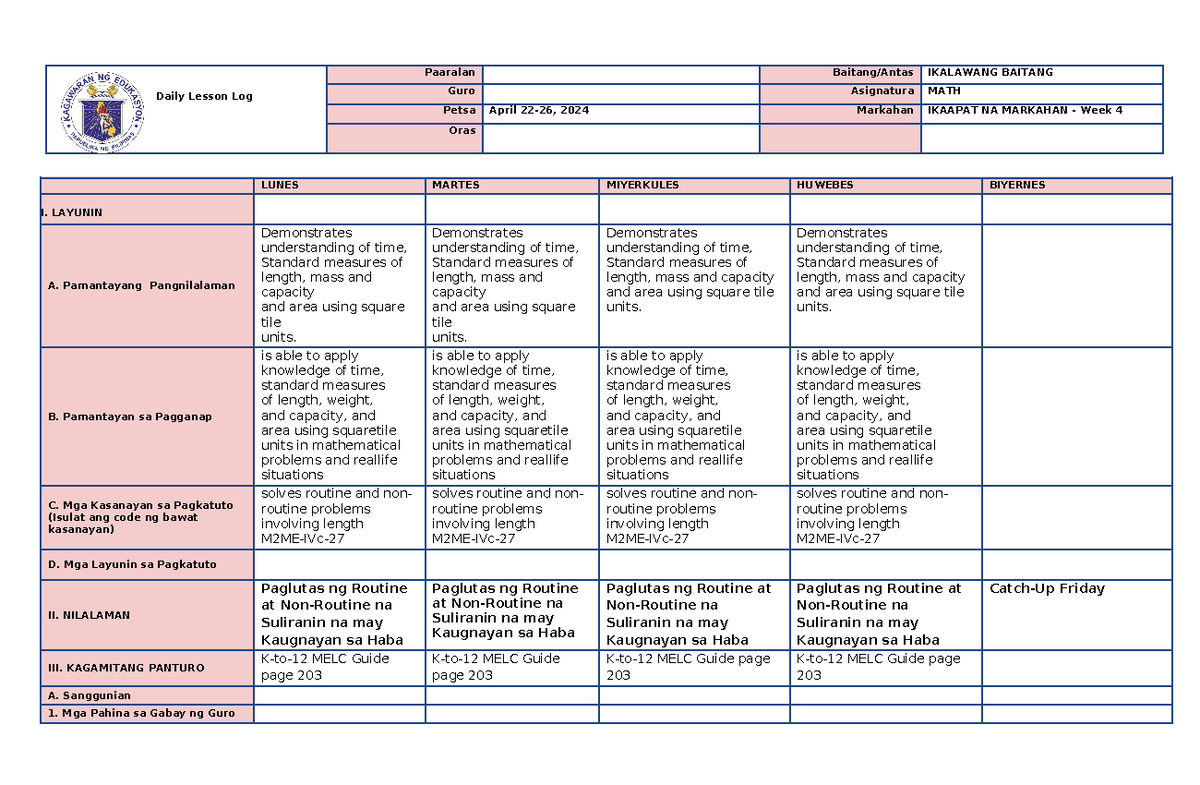 Q4-WEEK4-DLL-MATH 2: Paglutas ng Routine at Non-Routine Problems - Studocu