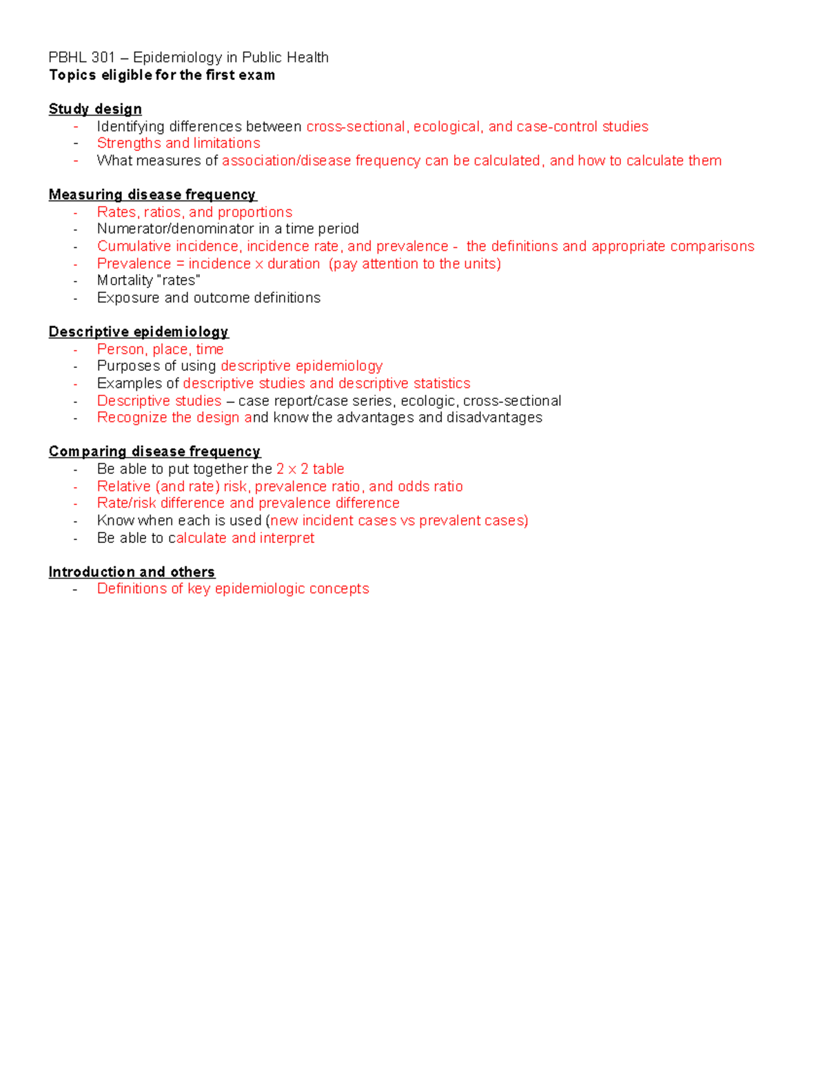 PBHL 301 – Epidemiology Midterm Exam Study Guide: Key Concepts and ...