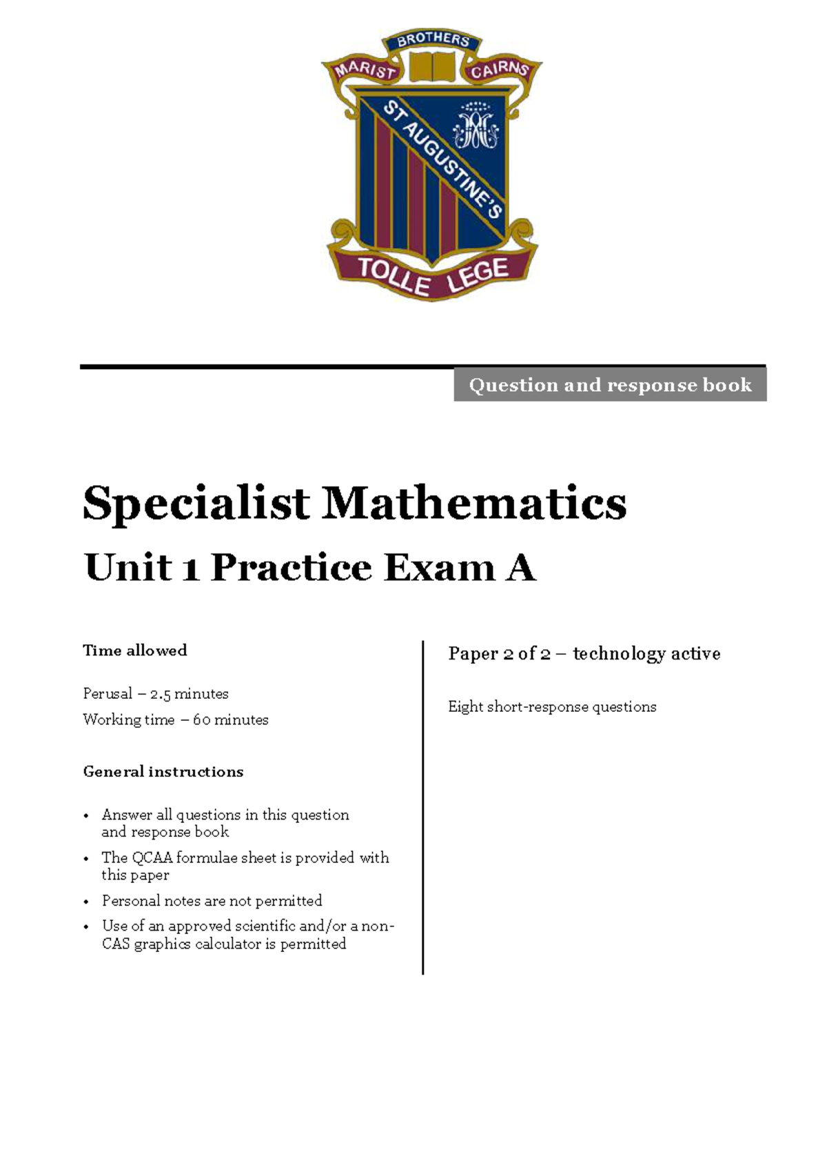 Specialist Mathematics Unit 1 Practice Exam A - Tech Active Guide - Studocu