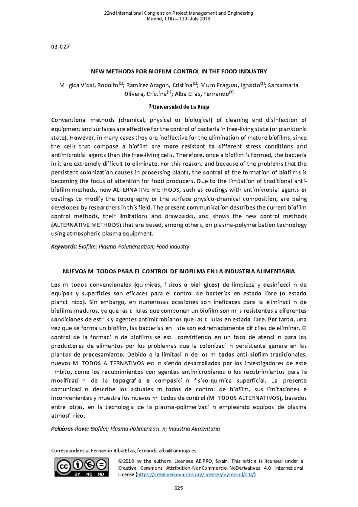 AT03-027: New Alternative Methods for Biofilm Control in Food Industry ...