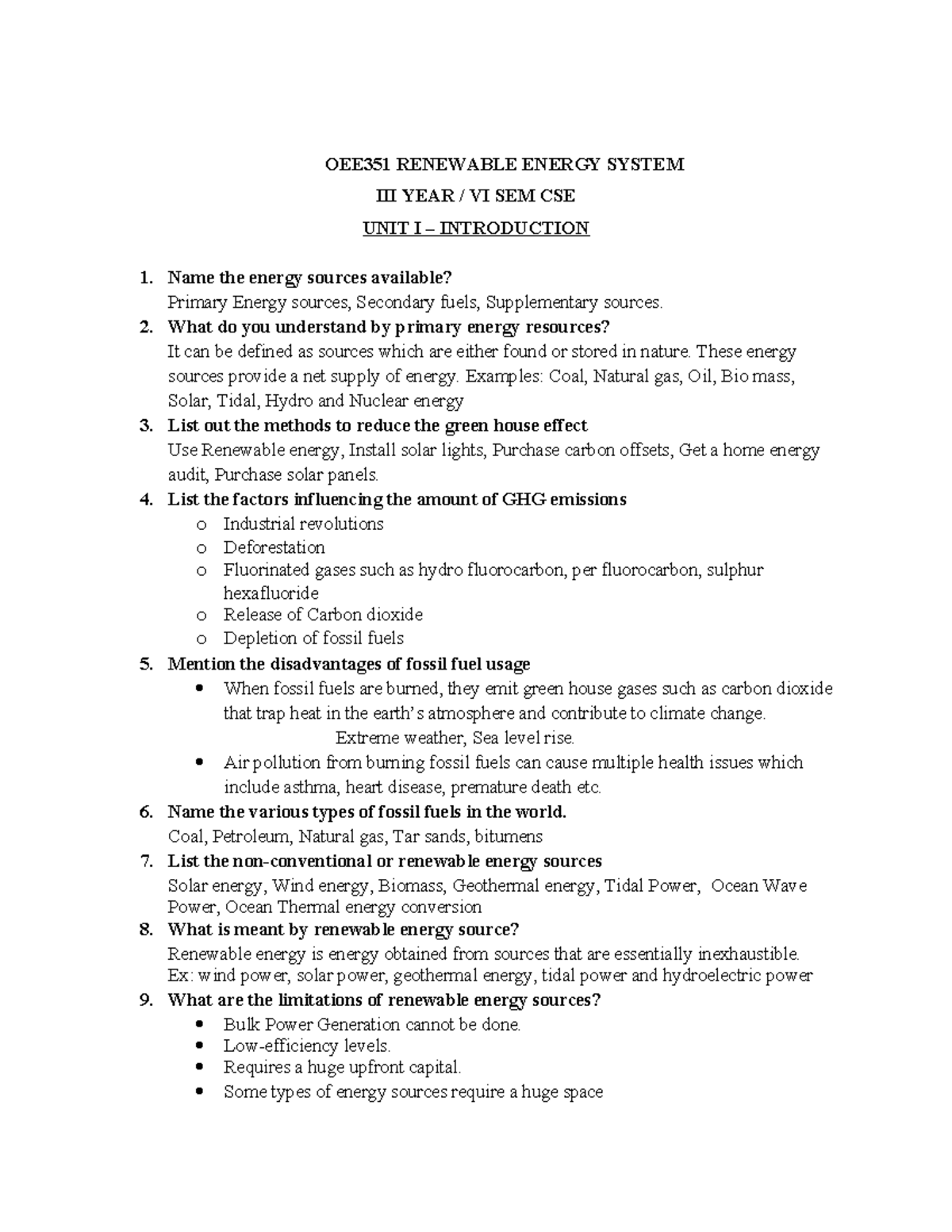 OEE351 RENEWABLE ENERGY SYSTEMS UNIT I-III TWO MARKS NOTES - Studocu