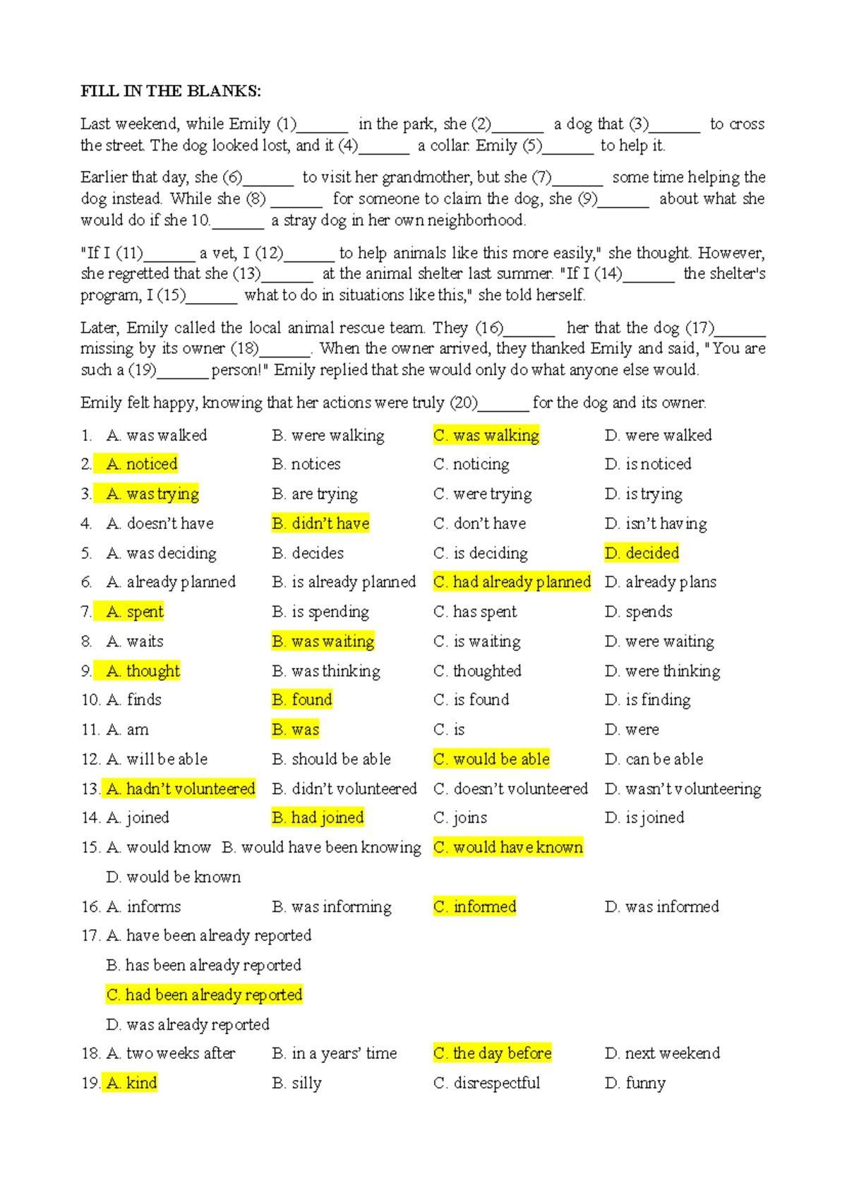 LT - Reading - FILL IN THE BLANKS: Last weekend, while Emily (1 ...